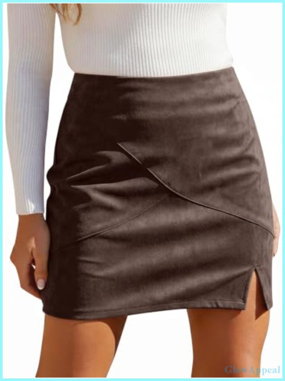 High Waisted Faux Suede Mini Skirt Straight Side Slit Work to Weekend